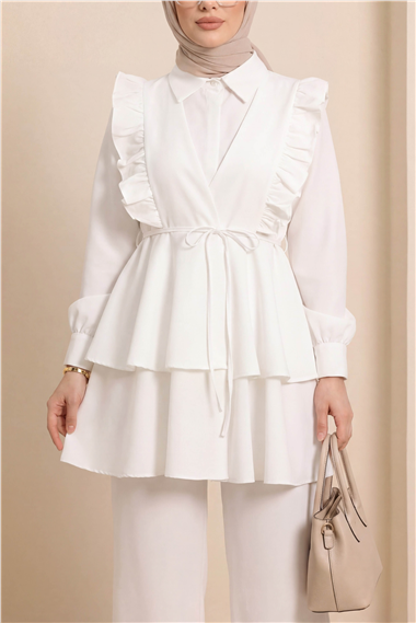 Önü Fırfırlı Bağcıklı Eteği Katlı Pantolonlu Kimono Takım   -Beyaz