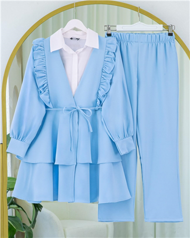 Önü Fırfırlı Bağcıklı Eteği Katlı Pantolonlu Kimono Takım    -Bebe Mavi