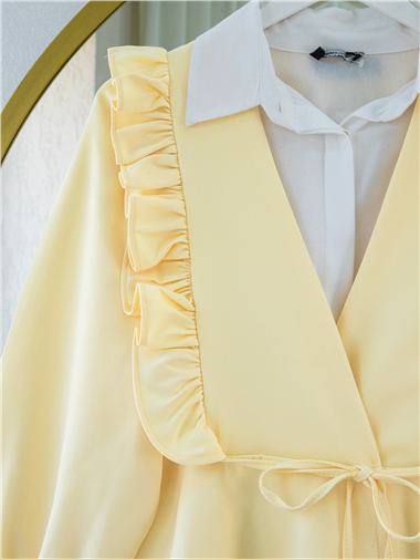 Önü Fırfırlı Bağcıklı Eteği Katlı Pantolonlu Kimono Takım    -Açık Sarı