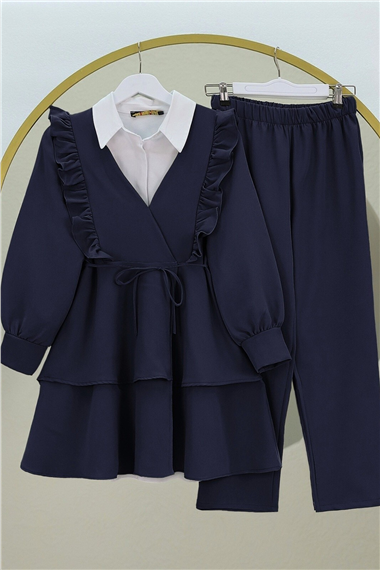 Önü Fırfırlı Bağcıklı Eteği Katlı Pantolonlu Kimono Takım  -Laci
