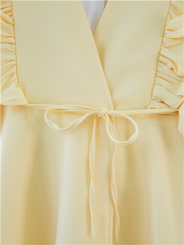 Önü Fırfırlı Bağcıklı Eteği Katlı Pantolonlu Kimono Takım    -Açık Sarı