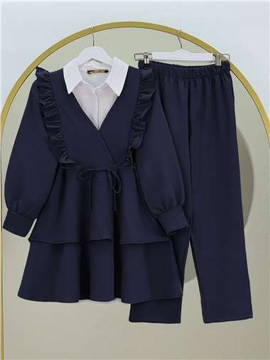 Önü Fırfırlı Bağcıklı Eteği Katlı Pantolonlu Kimono Takım  -Laci