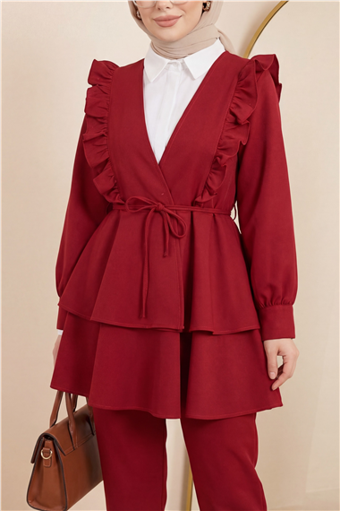 Önü Fırfırlı Bağcıklı Eteği Katlı Pantolonlu Kimono Takım -Bordo
