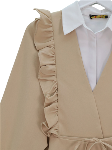 Önü Fırfırlı Bağcıklı Eteği Katlı Pantolonlu Kimono Takım -Bej