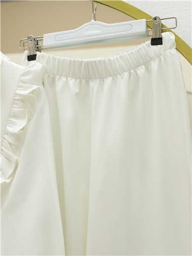 Önü Fırfırlı Bağcıklı Eteği Katlı Pantolonlu Kimono Takım   -Beyaz