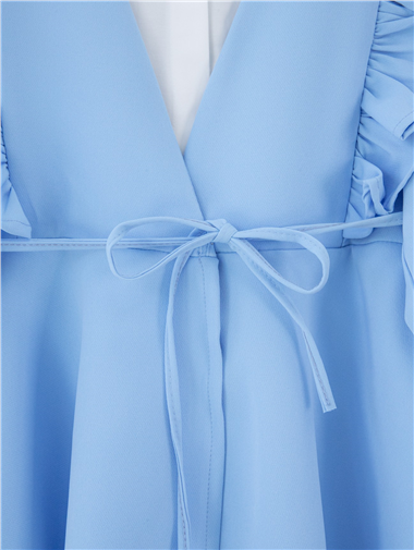 Önü Fırfırlı Bağcıklı Eteği Katlı Pantolonlu Kimono Takım    -Bebe Mavi