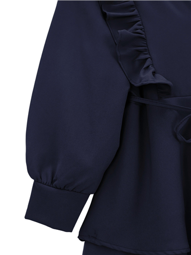 Önü Fırfırlı Bağcıklı Eteği Katlı Pantolonlu Kimono Takım  -Laci