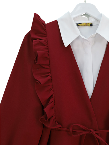Önü Fırfırlı Bağcıklı Eteği Katlı Pantolonlu Kimono Takım -Bordo
