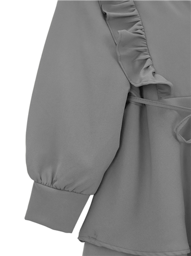 Önü Fırfırlı Bağcıklı Eteği Katlı Pantolonlu Kimono Takım  -Gri