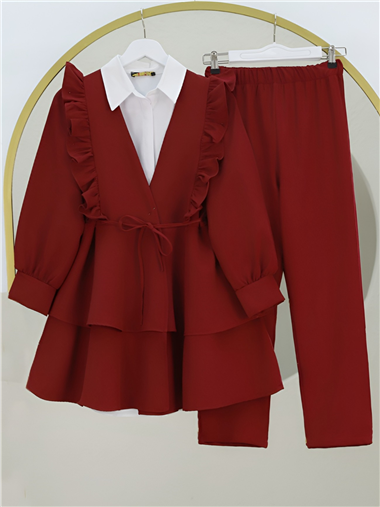 Önü Fırfırlı Bağcıklı Eteği Katlı Pantolonlu Kimono Takım -Bordo