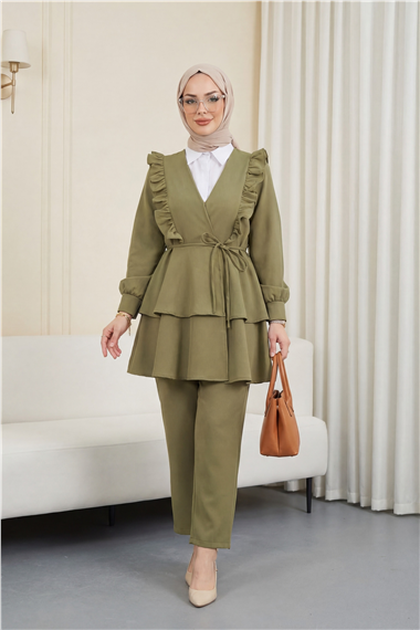 Önü Fırfırlı Bağcıklı Eteği Katlı Pantolonlu Kimono Takım -Haki