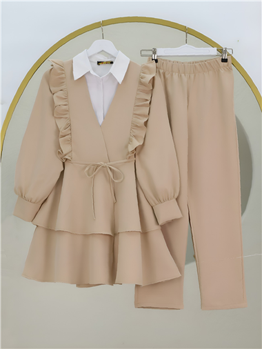 Önü Fırfırlı Bağcıklı Eteği Katlı Pantolonlu Kimono Takım -Bej