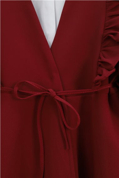 Önü Fırfırlı Bağcıklı Eteği Katlı Pantolonlu Kimono Takım -Bordo