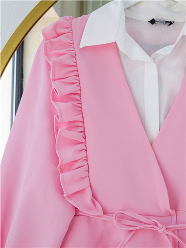 Önü Fırfırlı Bağcıklı Eteği Katlı Pantolonlu Kimono Takım    -Pembe
