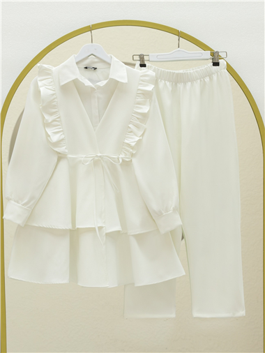 Önü Fırfırlı Bağcıklı Eteği Katlı Pantolonlu Kimono Takım   -Beyaz