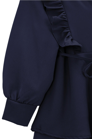 Önü Fırfırlı Bağcıklı Eteği Katlı Pantolonlu Kimono Takım  -Laci