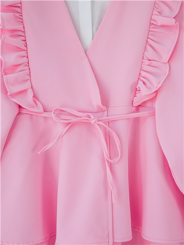 Önü Fırfırlı Bağcıklı Eteği Katlı Pantolonlu Kimono Takım    -Pembe
