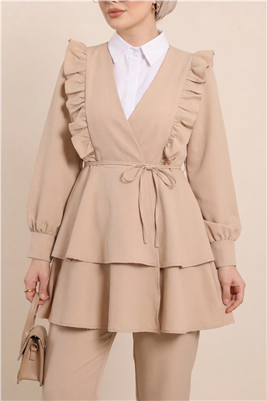Önü Fırfırlı Bağcıklı Eteği Katlı Pantolonlu Kimono Takım -Bej