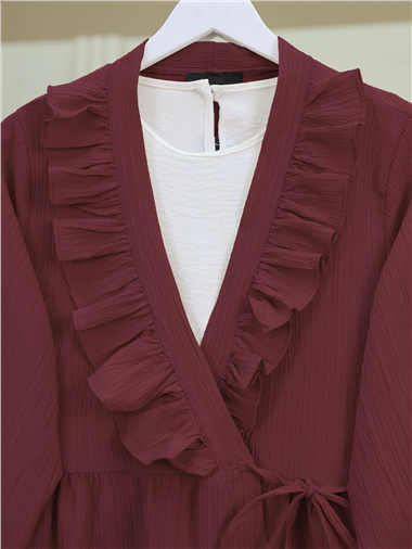 Önü Fırfırlı Bağlamalı Krinkıl Kimono -Bordo