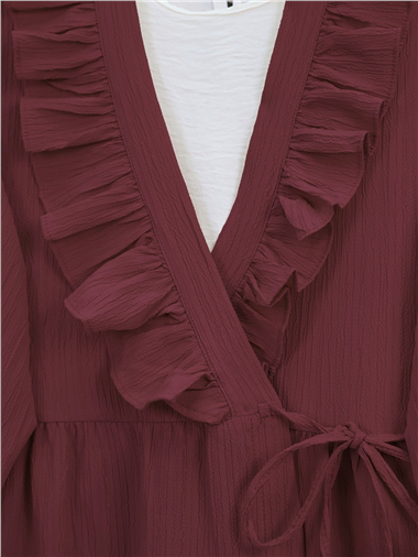 Önü Fırfırlı Bağlamalı Krinkıl Kimono -Bordo