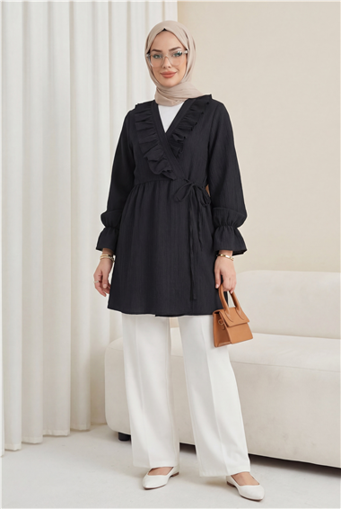Önü Fırfırlı Bağlamalı Krinkıl Kimono -Siyah
