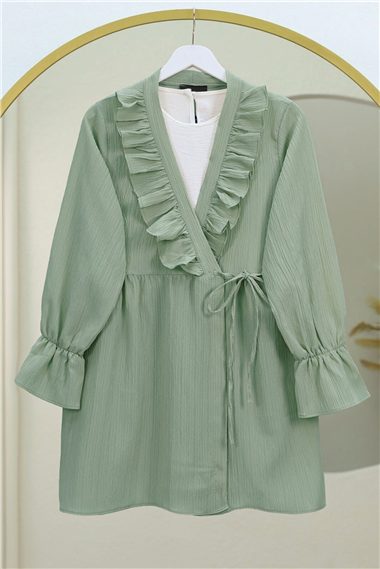 Önü Fırfırlı Bağlamalı Krinkıl Kimono -Mint