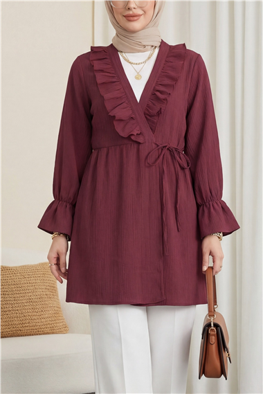 Önü Fırfırlı Bağlamalı Krinkıl Kimono -Bordo