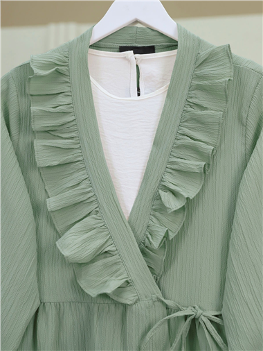 Önü Fırfırlı Bağlamalı Krinkıl Kimono -Mint