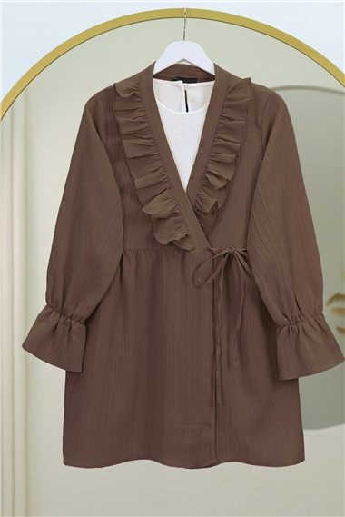 Önü Fırfırlı Bağlamalı Krinkıl Kimono -Kahve