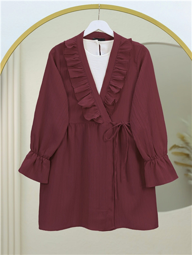 Önü Fırfırlı Bağlamalı Krinkıl Kimono -Bordo