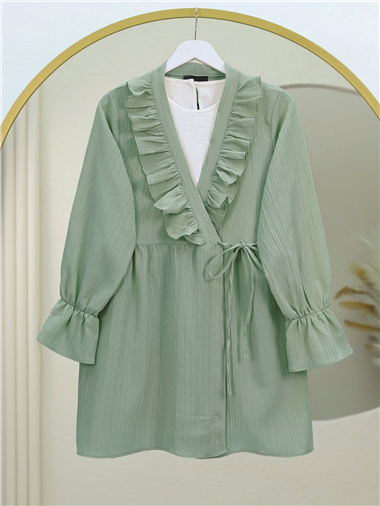 Önü Fırfırlı Bağlamalı Krinkıl Kimono -Mint