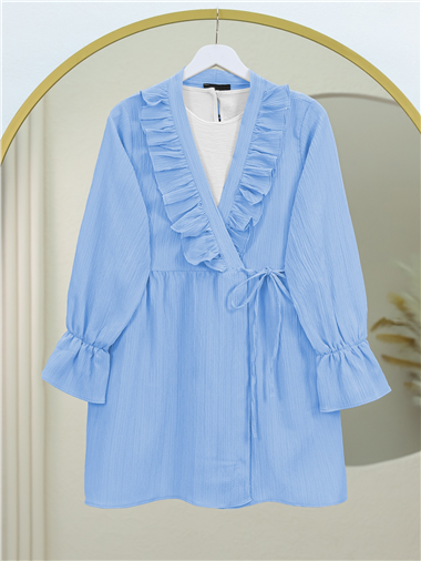 Önü Fırfırlı Bağlamalı Krinkıl Kimono   -Bebe Mavi