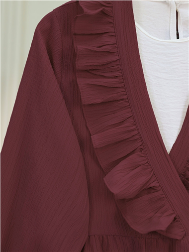 Önü Fırfırlı Bağlamalı Krinkıl Kimono -Bordo