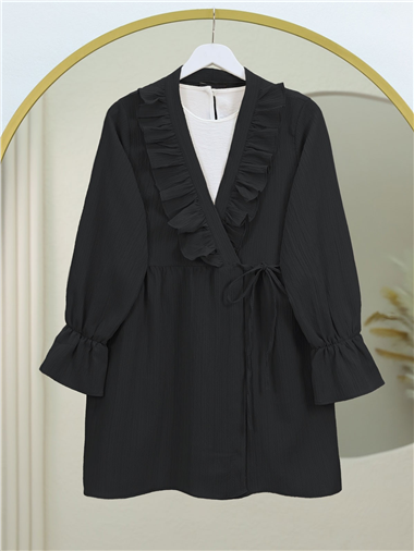 Önü Fırfırlı Bağlamalı Krinkıl Kimono -Siyah