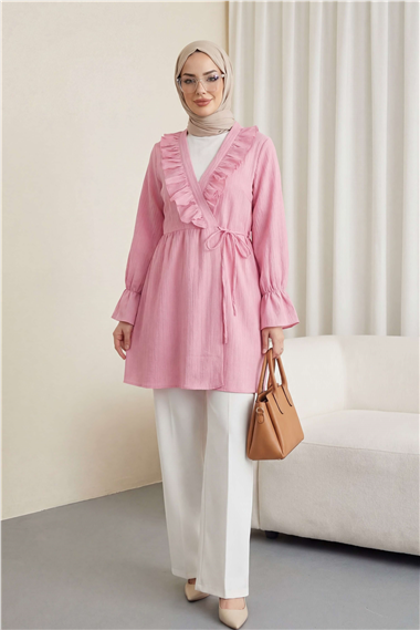 Önü Fırfırlı Bağlamalı Krinkıl Kimono   -Pembe