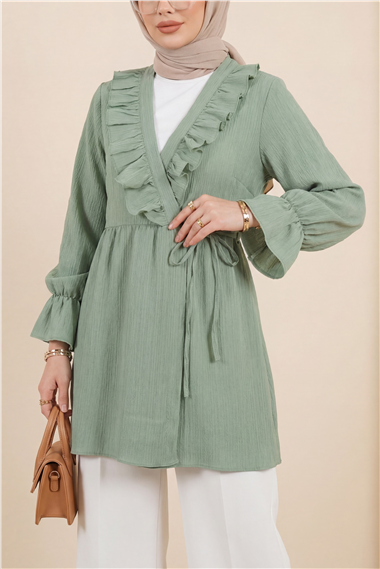 Önü Fırfırlı Bağlamalı Krinkıl Kimono -Mint