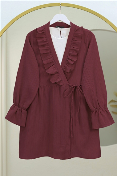 Önü Fırfırlı Bağlamalı Krinkıl Kimono -Bordo