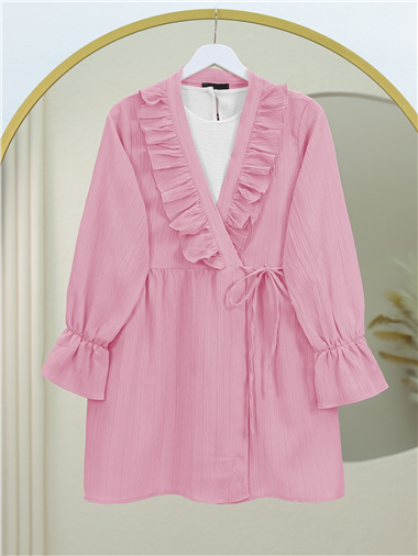 Önü Fırfırlı Bağlamalı Krinkıl Kimono   -Pembe