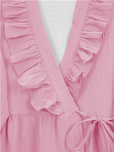 Önü Fırfırlı Bağlamalı Krinkıl Kimono   -Pembe