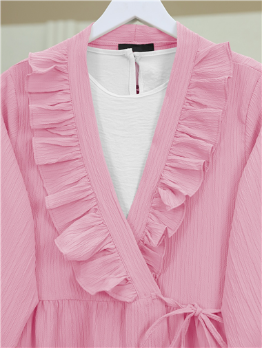 Önü Fırfırlı Bağlamalı Krinkıl Kimono   -Pembe