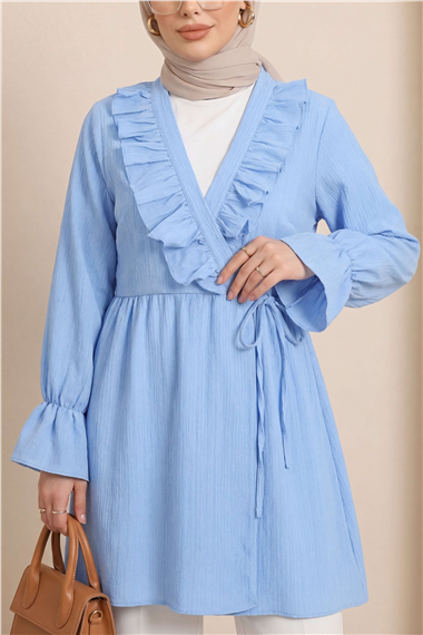 Önü Fırfırlı Bağlamalı Krinkıl Kimono   -Bebe Mavi
