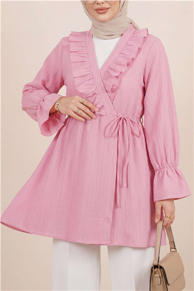 Önü Fırfırlı Bağlamalı Krinkıl Kimono   -Pembe