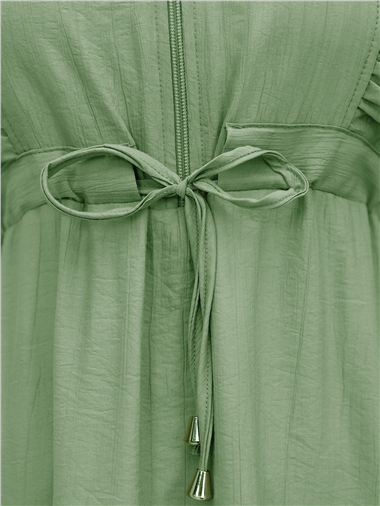 Önü Fırfırlı Yarım Düğmeli Tünel Bağcıklı Elbise -A.Yeşil