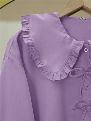 Önü Fiyonk Detaylı Bebe Yaka Poplin Gömlek -Lila