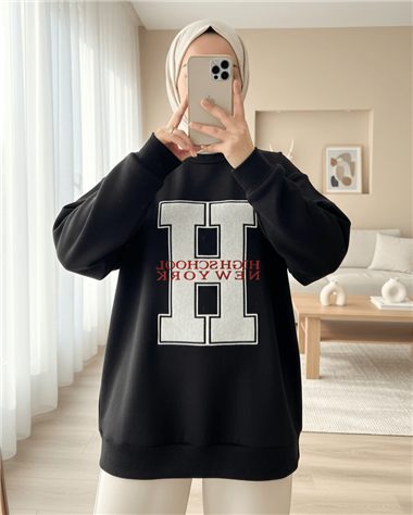 Önü Nakışlı Bisiklet Yaka Sweat Tunik -Siyah