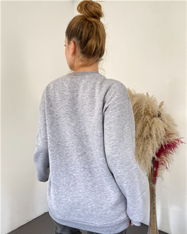 Önü Nakışlı Bisiklet Yaka Sweat Tunik -Gri