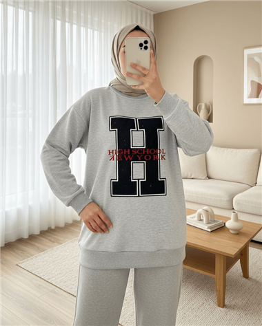 Önü Nakışlı Bisiklet Yaka Sweat Tunik -Gri
