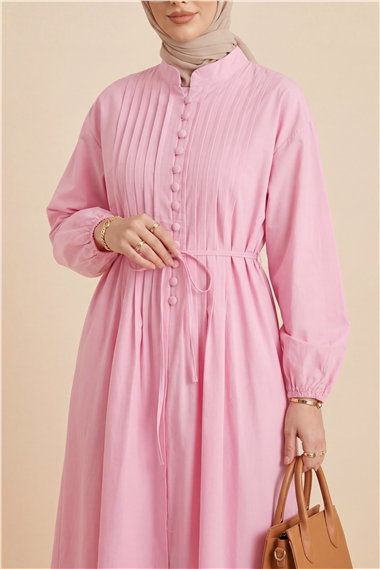 Önü Nervürlü Yarım Düğmeli Poplin Elbise -Pembe