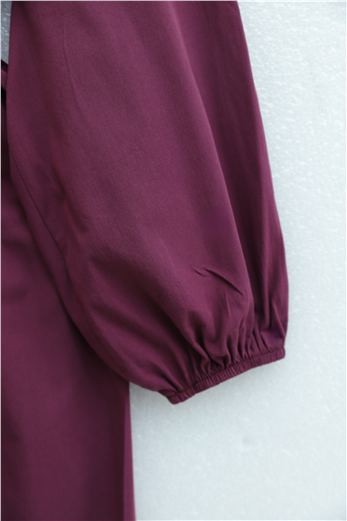 Önü Nervürlü Yarım Düğmeli Poplin Elbise -Mürdüm