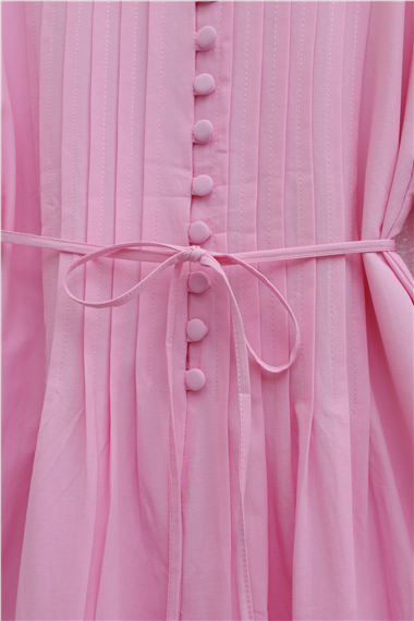 Önü Nervürlü Yarım Düğmeli Poplin Elbise -Pembe